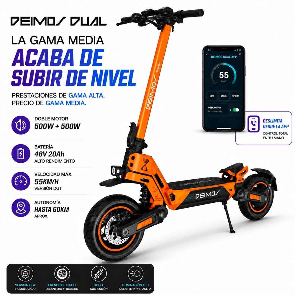 Ecoxtrem-deimos-DUAL-NARANJA.jpg Patinete Eléctrico Ecoxtrem Deimos Dual DGT – Naranja - Imagen 1